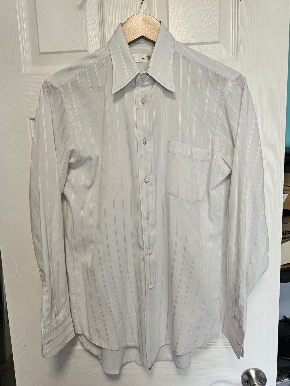 Vintage Christian Dior Dress Shirt Mens 14.5 32/33 White Striped Durable Press